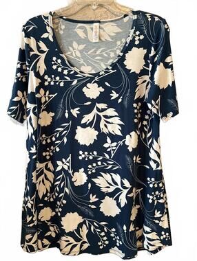 LuLaRoe Floral Pattern Navy Blue and Cream Short Sleeve Top Size S
